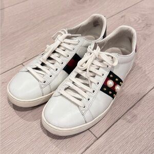 Gucci White Sneakers with Pearl and Stripe Accents